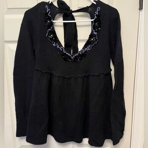 Free People Black Babydoll Knit Wool/Angora Blend Open Tie Back Sweater Size Med